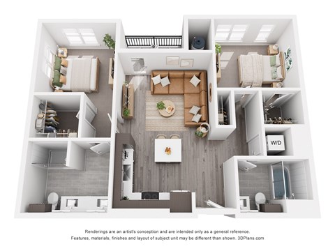 Floor plan for 2 beds, 2 baths, 972 sqft
